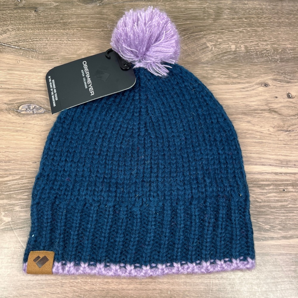 Obermeyer Knit Beanie Unisex One Size Blue Purple Fleece Lined Pom Pom Aspen